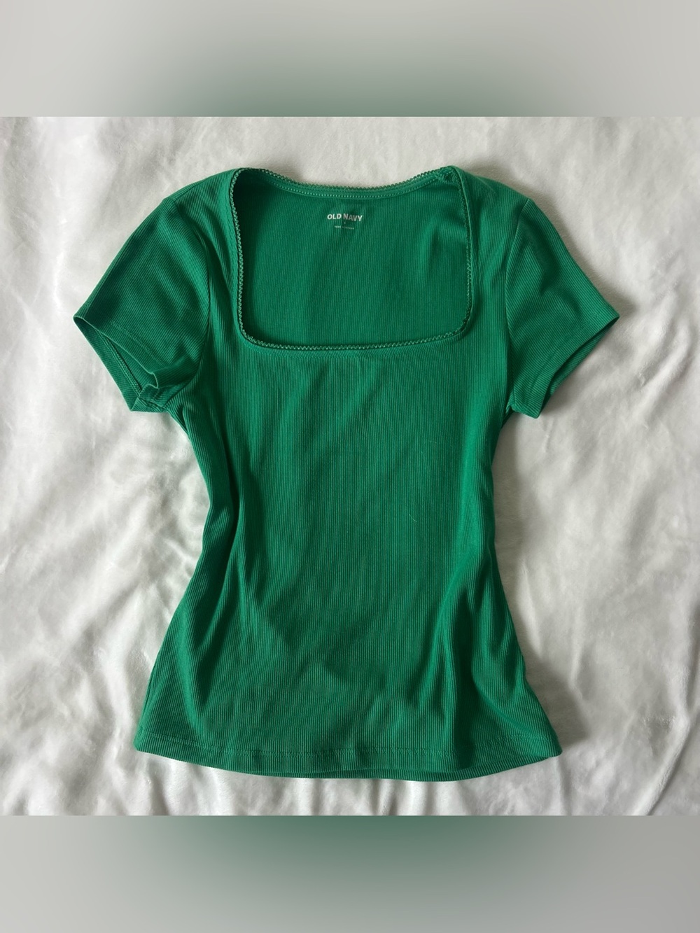 Green Ribbed Square-Neck Top – Size Small